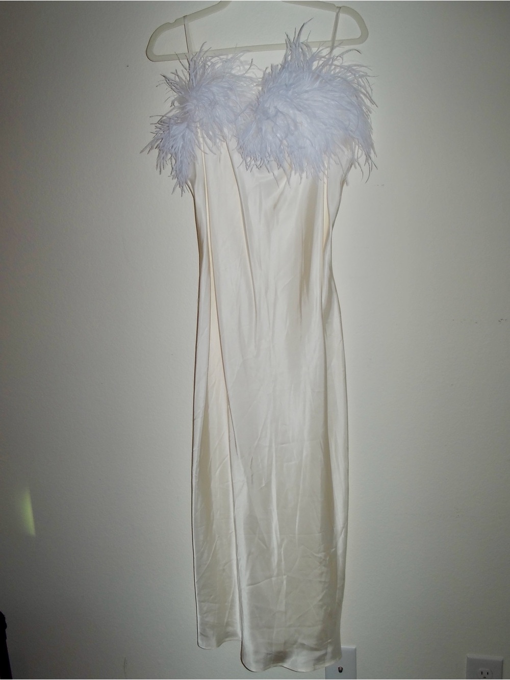 Sleeper Boheme Slip Dress in Ivory Feather-Trim Satin Dress - XL